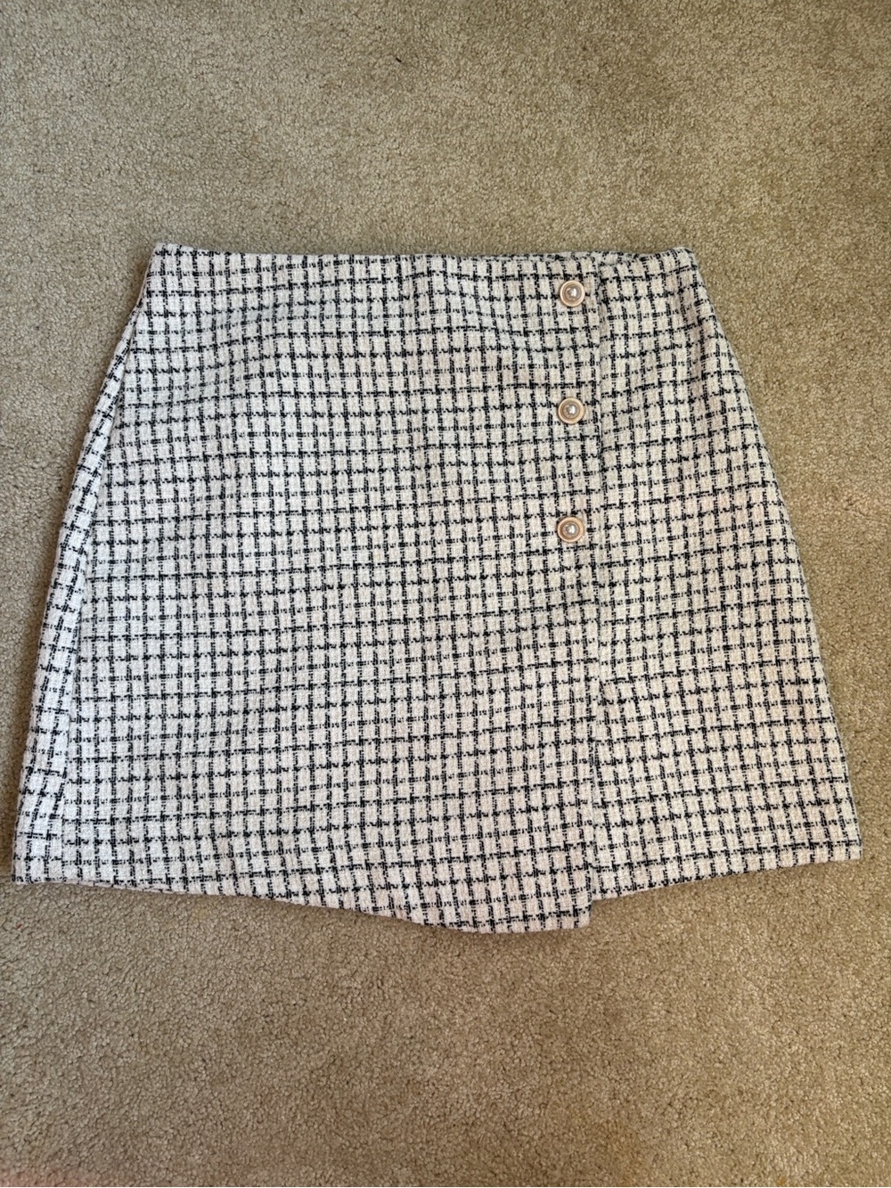 White Tweed Mini Skirt with Button Detail